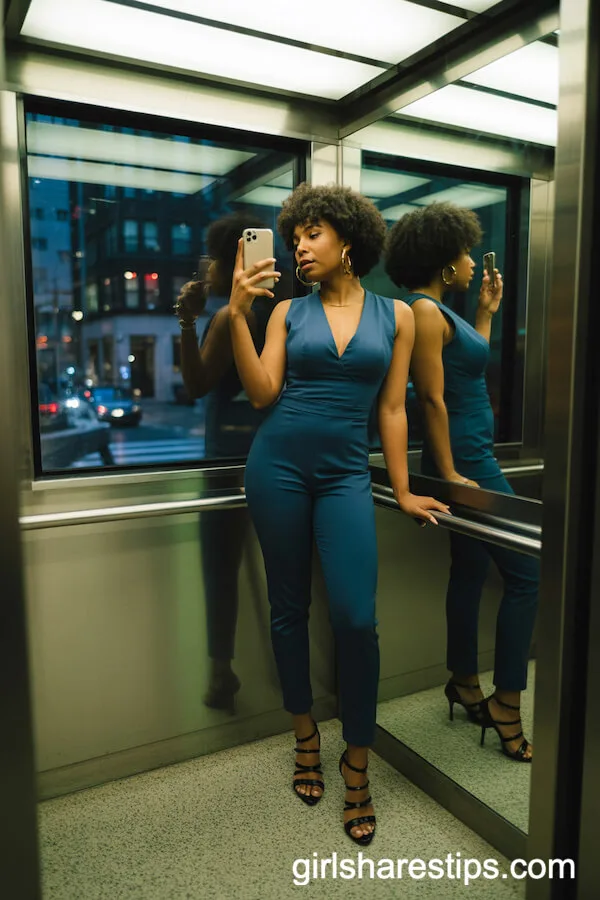 Fitted Navy Jumpsuit with Gold Hoops and Strappy Heels