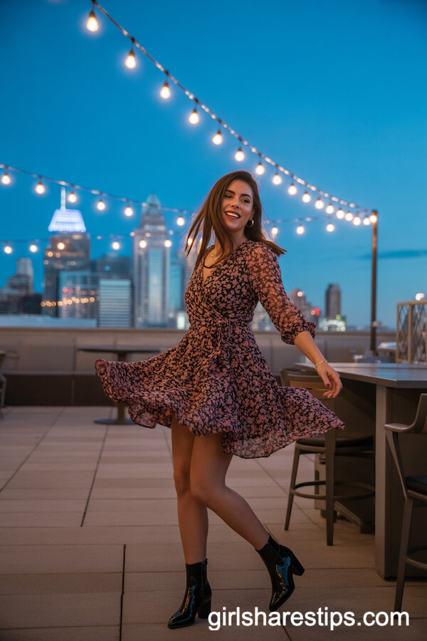 Flirty Floral Wrap Dress with Ankle Boots