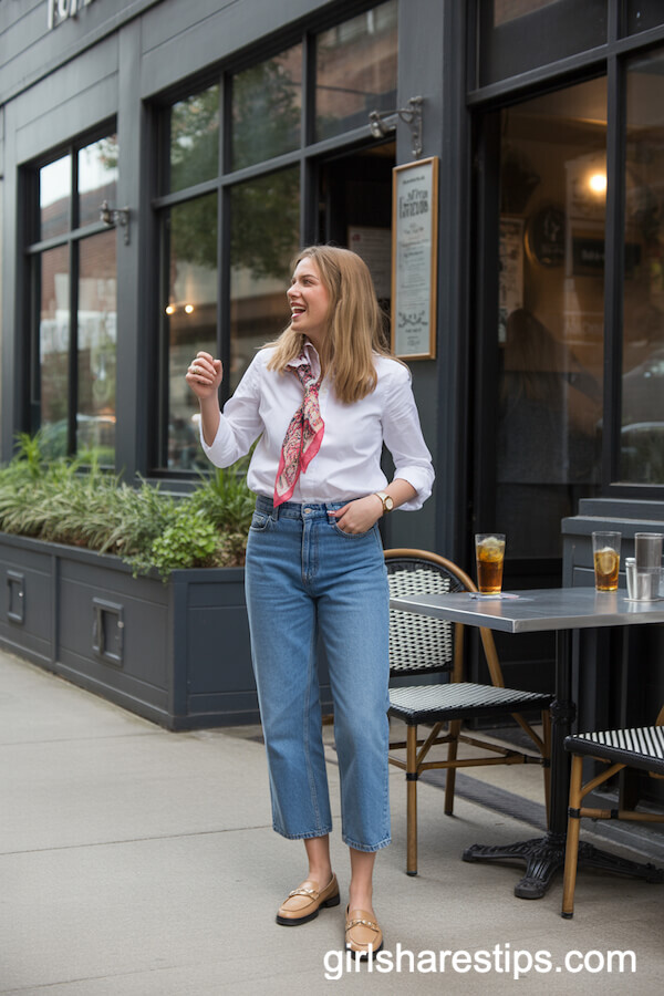 Cropped Blue Jeans with Crisp White Shirt and Printed Scarf