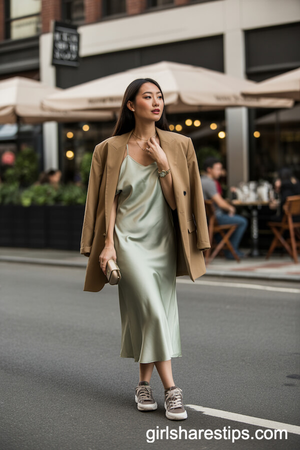 Silky Sage Midi Slip Dress with Oversized Tan Blazer and Sneakers