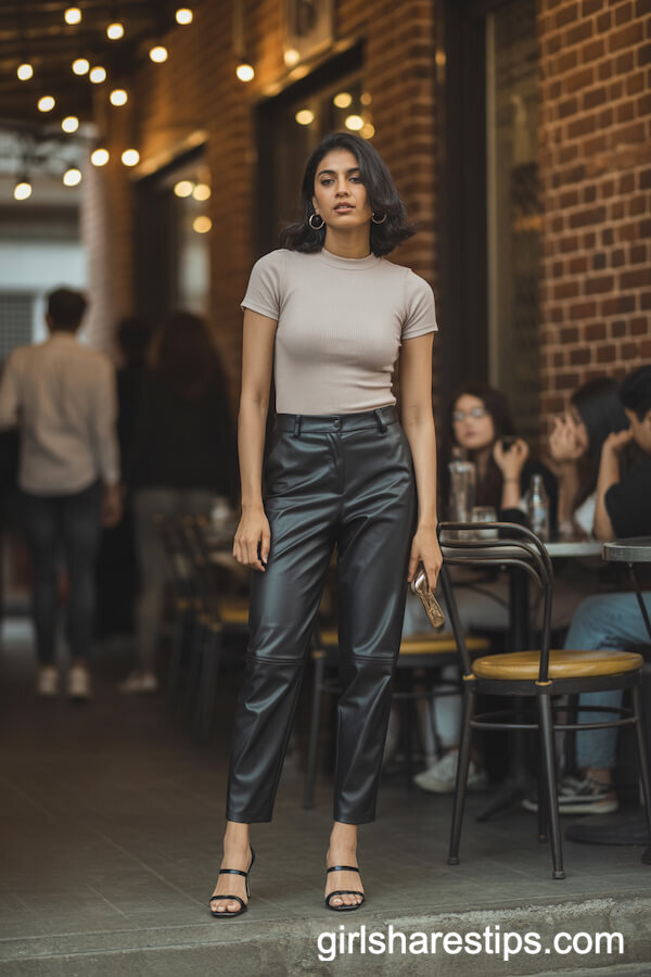 Black High-Waisted Leather Trousers with Ribbed Beige Top