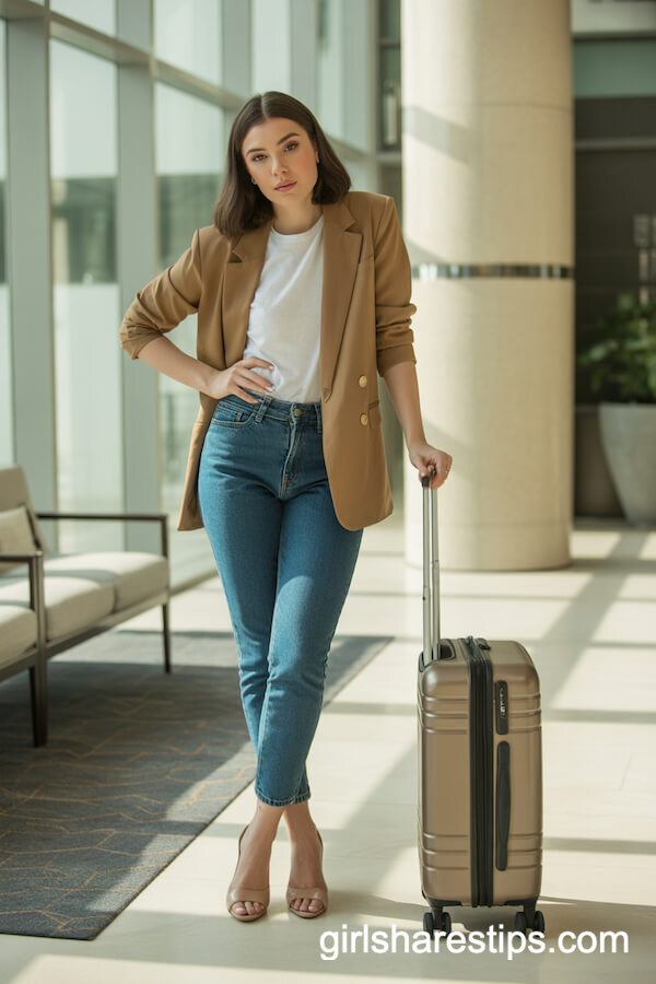 Tan Blazer, White Tee, Skinny Jeans
