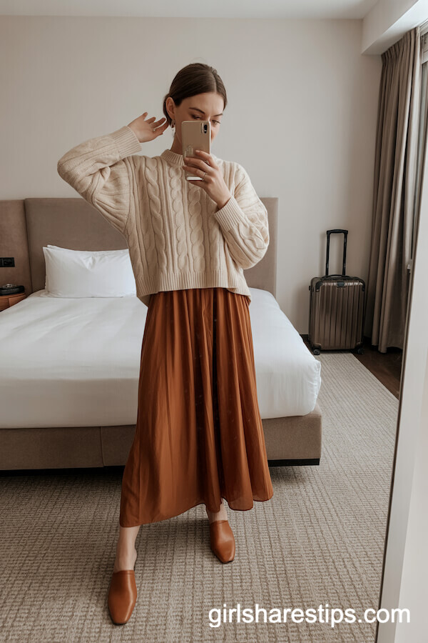 Cream Sweater, Maxi Skirt, Mules