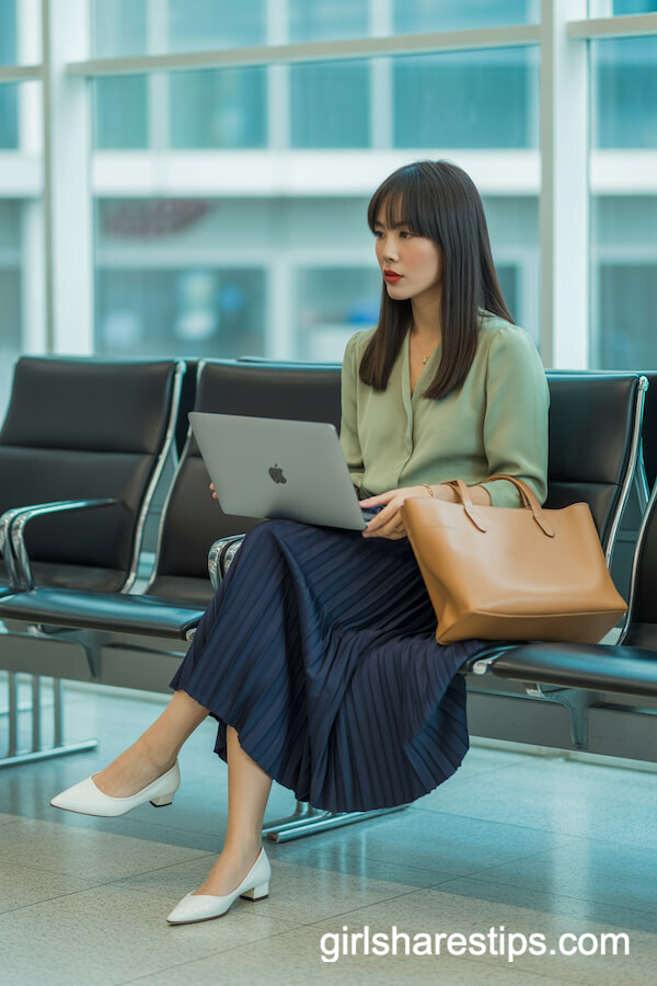 Green Blouse, Pleated Skirt, Pointed Flats