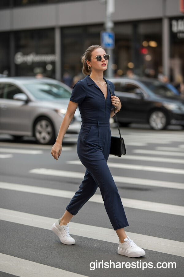 Navy Jumpsuit and White Sneakers
