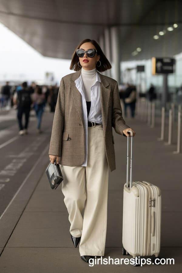 Checked Blazer, Wide-Leg Pants, and Heels