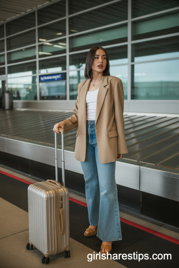 Beige Blacer, Tank Top, Flared Jeans