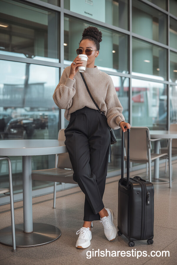 Beige Sweater, Black Trousers, Sneakers