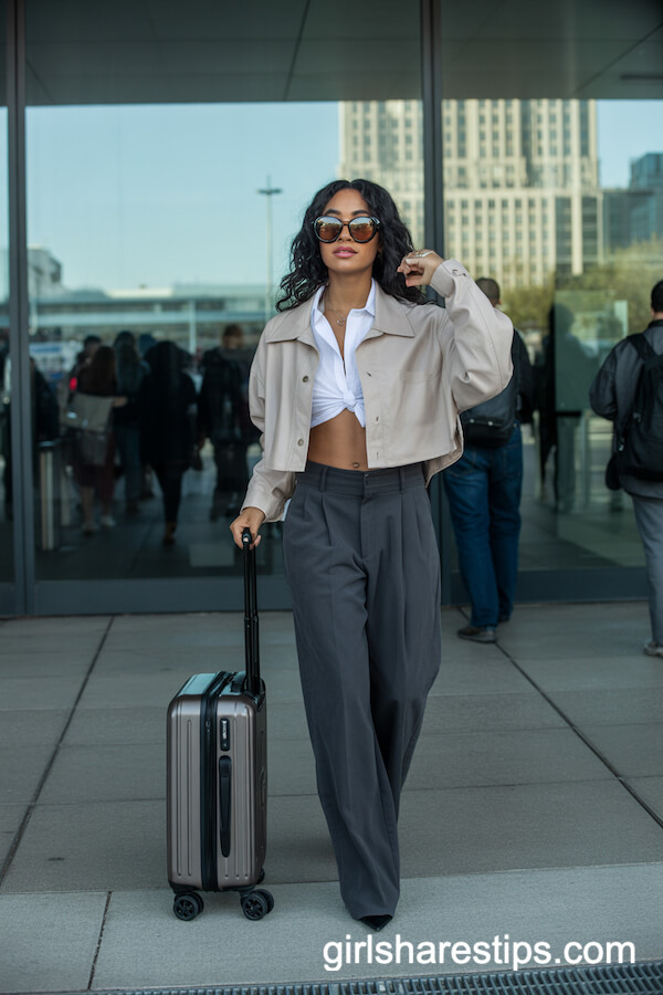 Cropped Jacket, Button-Down, Wide-Leg Trousers