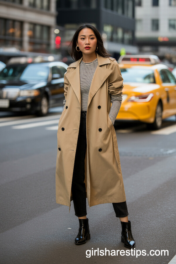 Trench Coat, Striped Shirt, Ankle Boots