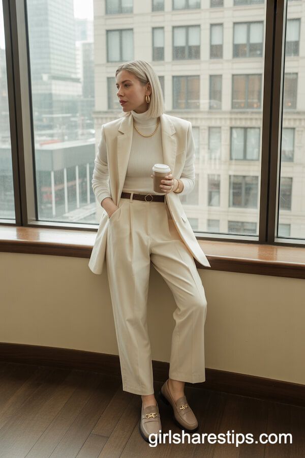 Cream Turtleneck, Trousers, Loafers