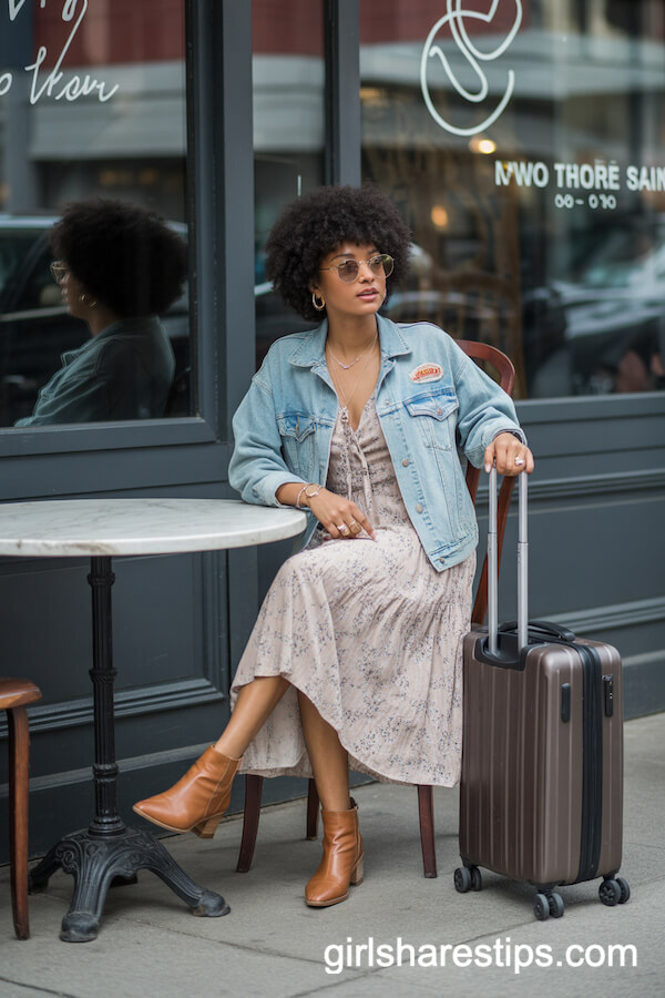 Floral Dress Denim Jacket Boots