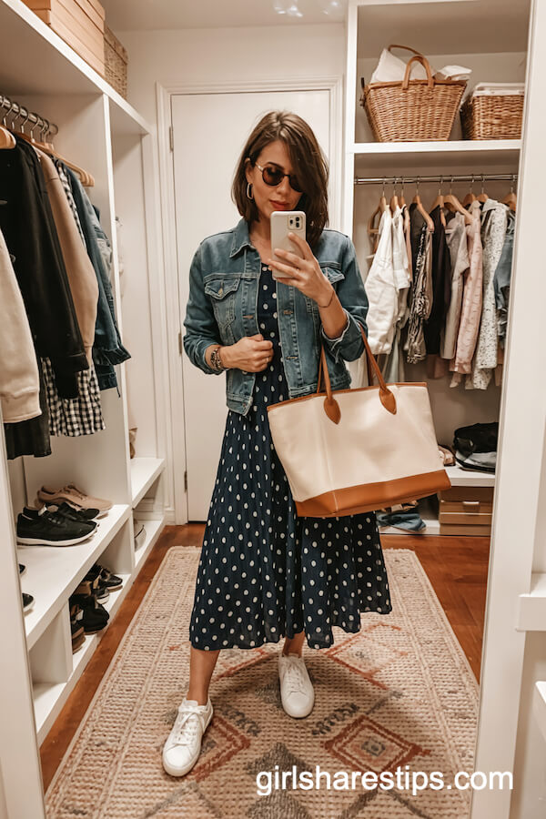 Polka-Dot Midi Dress with Denim Jacket