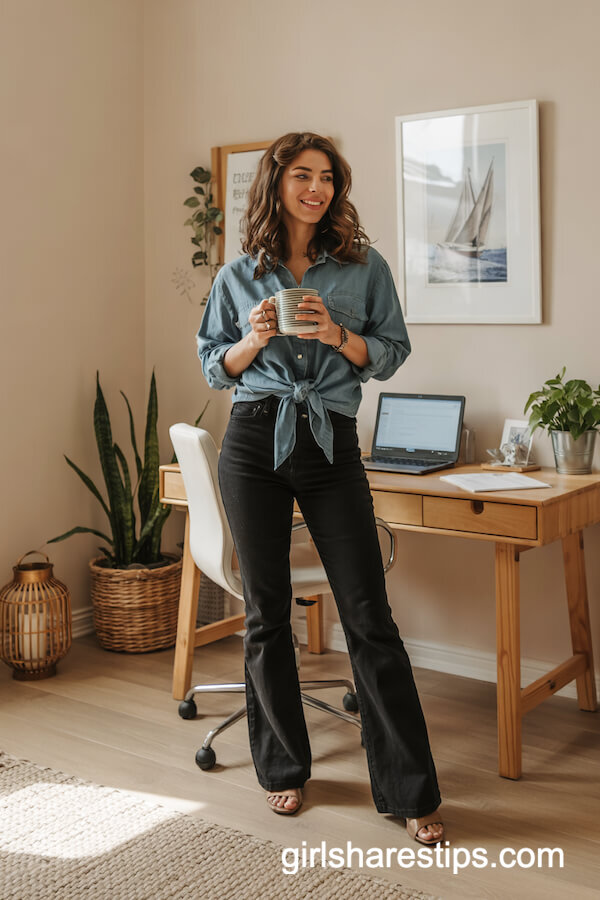 Denim Shirt and Black Flared Pants