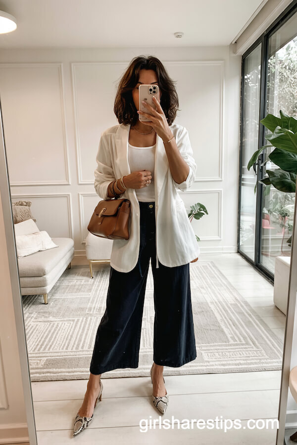 White Blazer and Navy Wide-Leg Pants