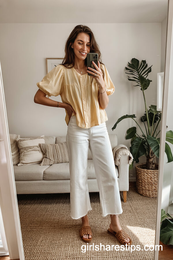 Yellow Gingham Blouse and White Jeans