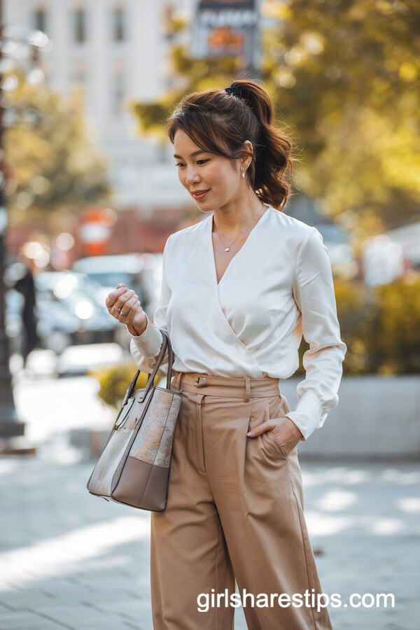 White Wrap Blouse and Camel Wide Pants