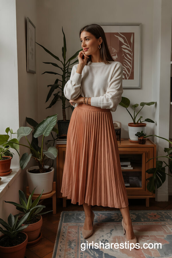 Cashmere Sweater with Pleated Midi Skirt